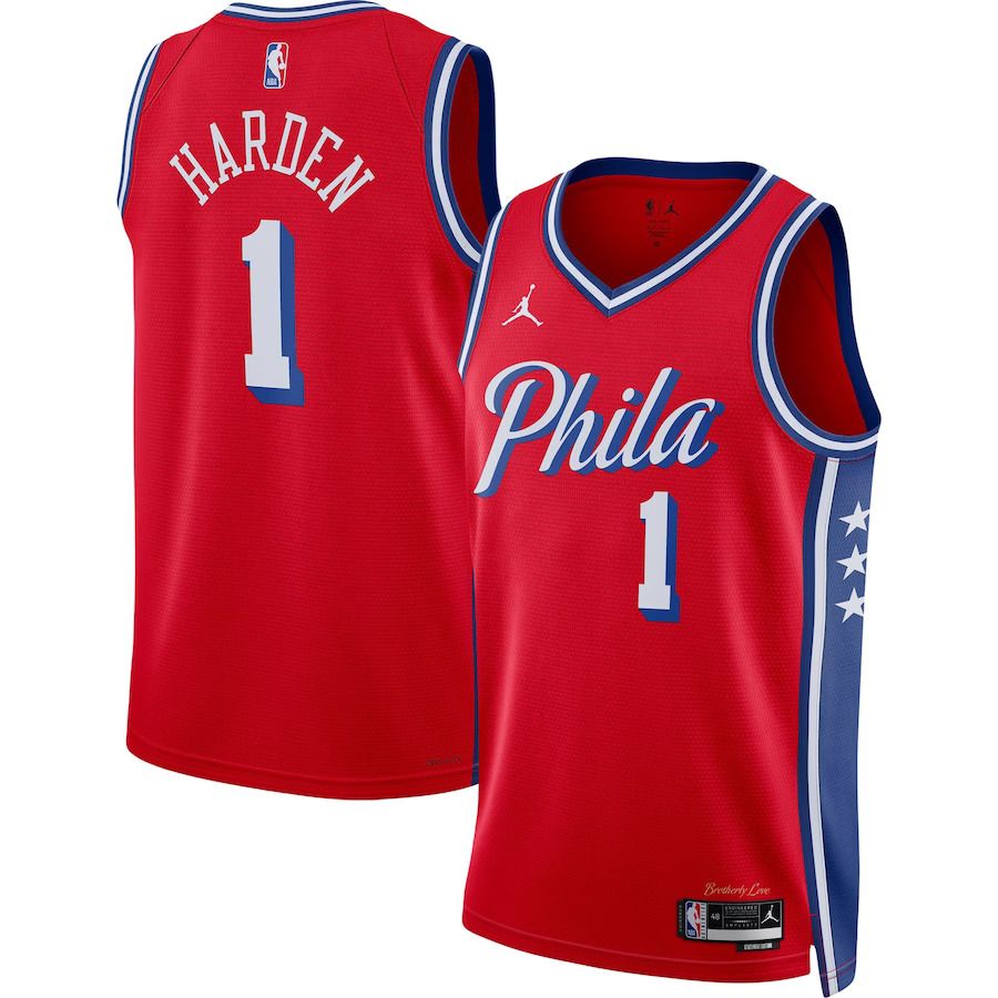 Men Philadelphia 76ers #1 James Harden Jordan Brand Red 2022-23 Statement Edition Swingman NBA Jersey
